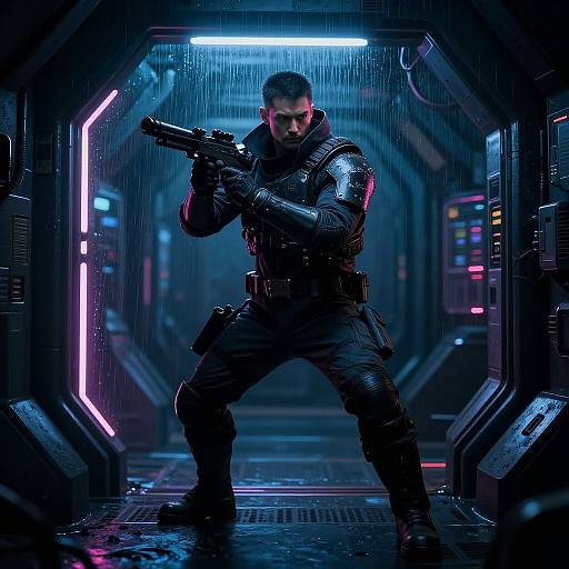 Cyberpunk photo: Intense male soldier in black tactical gear, holding a gun, standing in a neon-lit, rain-filled, futuristic corridor