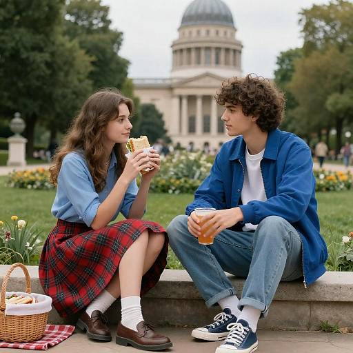 Young Couple Picnic in Lush Garden