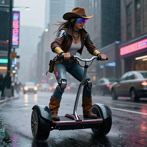 Photograph of a woman in a brown cowboy hat, brown jacket, and blue jeans riding a motorized scooter in a rainy urban street at night,