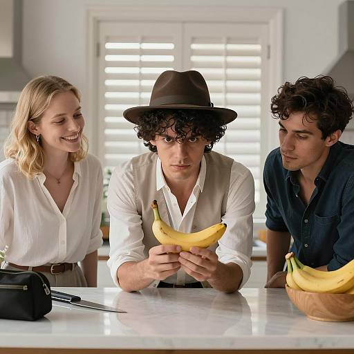 Three People at Kitchen Counter with Banana