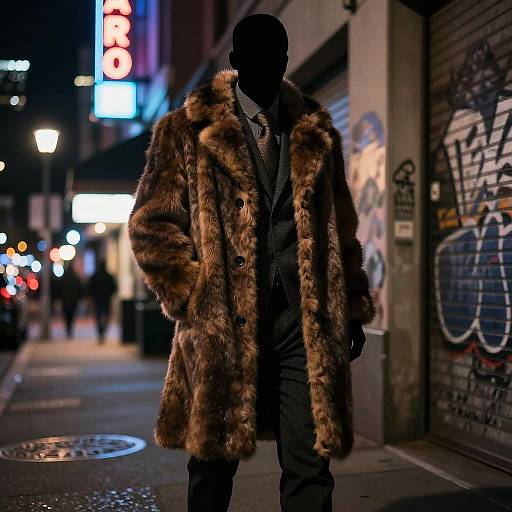 Photograph of a silhouetted man in a luxurious brown fur coat, standing on a dimly lit urban street at night, with graffiti and