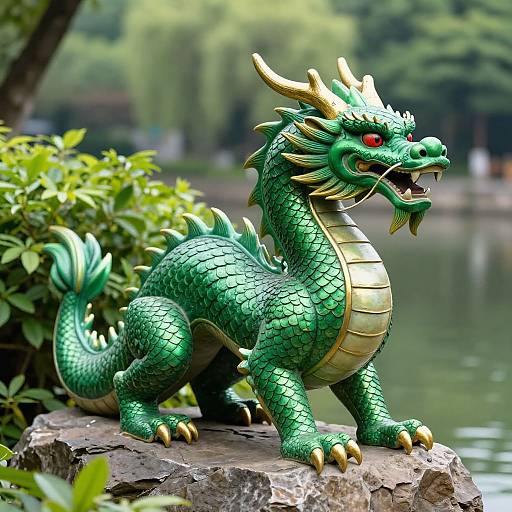 Photograph of a vibrant green, detailed dragon statue with gold horns and scales, standing on a rock by a serene, leafy pond.