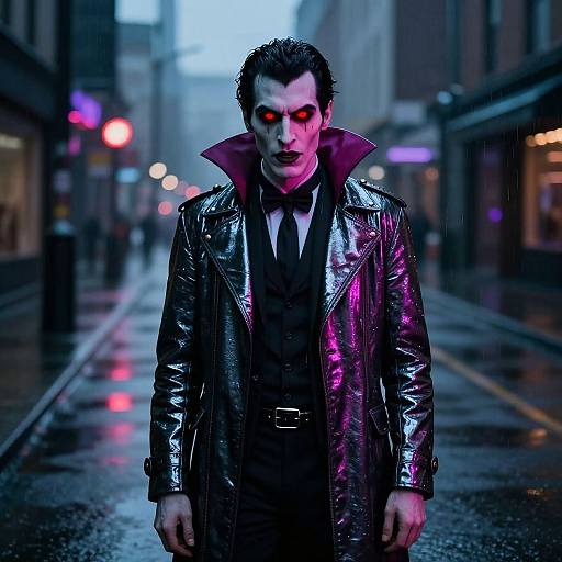 Photograph of a man with pale skin, dark hair, and red glowing eyes, wearing a shiny black leather jacket and black suit, standing on a