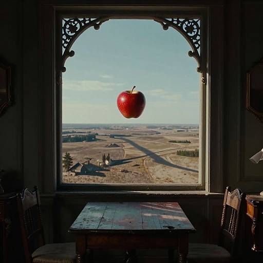 Photograph: Red apple suspended in mid-air, viewed through ornate window frame, overlooking a rural landscape with fields and a river.