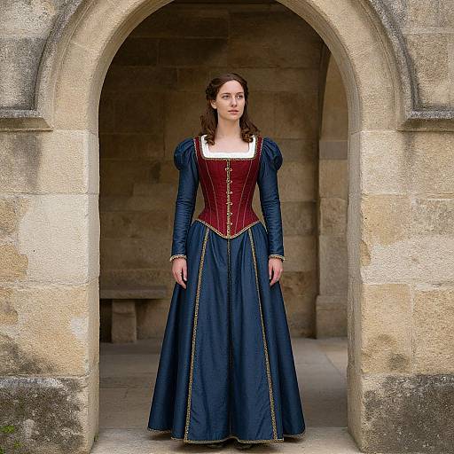 Photograph of a brunette woman in a medieval-style navy blue gown with gold trim and red corset, standing under a stone archway.