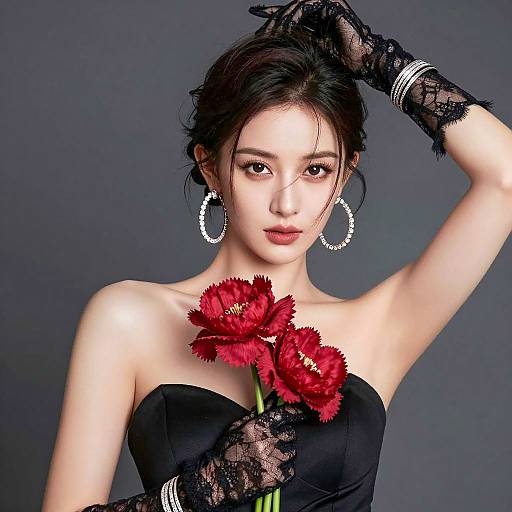 Elegant Woman with Flowers in Dark Setting