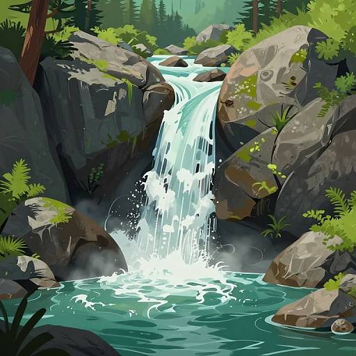 Digital illustration of a vibrant, cascading waterfall surrounded by lush greenery and large rocks, with clear, turquoise water pooling at its base.