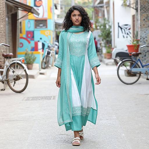 Photograph of a young South Asian woman with curly black hair, wearing a turquoise and white traditional kurti, walking down a colorful, narrow street