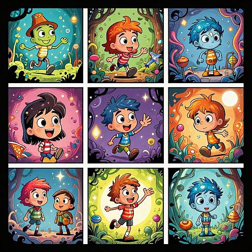 Colorful comic-style illustrations of a cheerful, red-haired boy exploring vibrant, magical forests with diverse flora and fungi, accompanied by other children with blue,