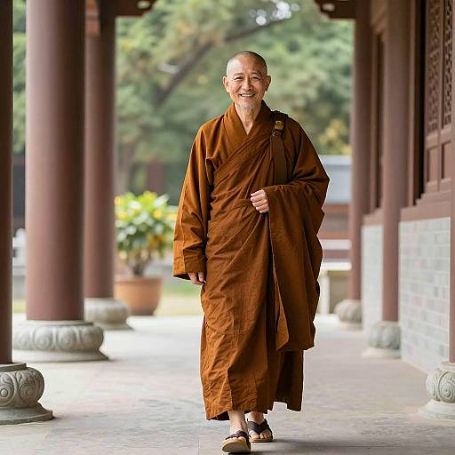 Smiling Elderly Buddhist Monk in Traditional Robe