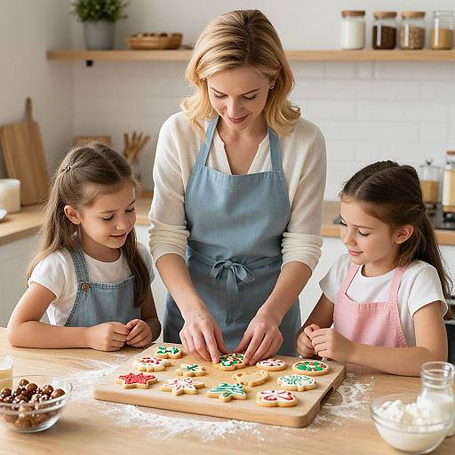 Photograph of a blonde woman in a blue apron teaching two young girls to decorate cookies in a bright, modern kitchen.