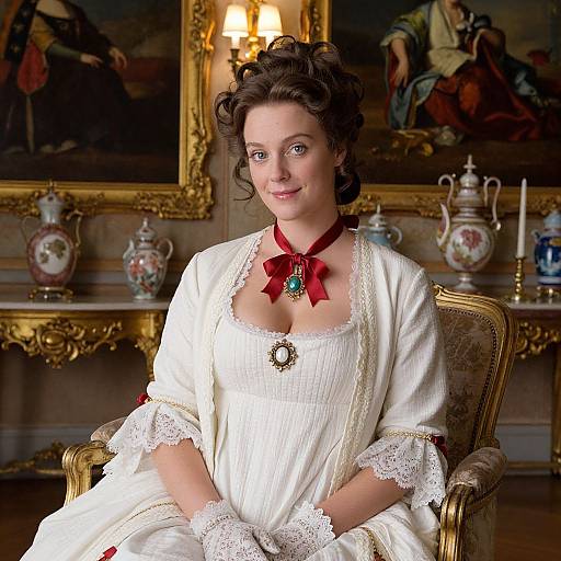 Photograph of a fair-skinned woman with brown curls, wearing an 18th-century white dress with lace, red ribbon, and jewelry, seated