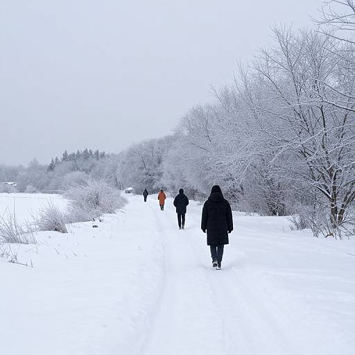Photograph of five people walking in a snowy winter landscape with snow-covered trees, wearing winter clothing in black and orange.