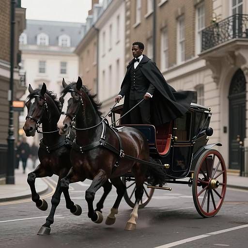 Elegant Black Coachman with Horses in London Alley