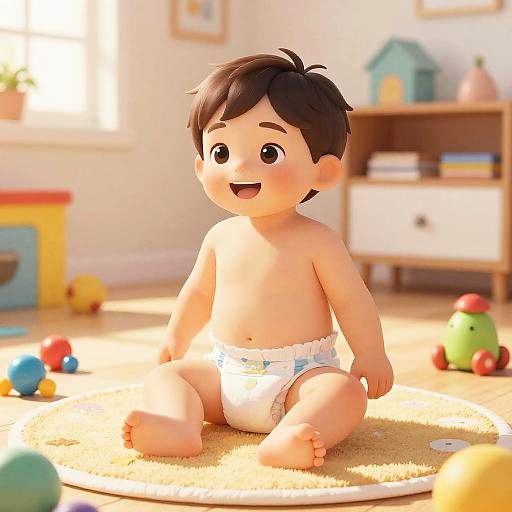 Digital illustration of a smiling, chubby, brown-haired baby boy sitting on a beige rug in a bright, sunlit playroom with colorful toys.