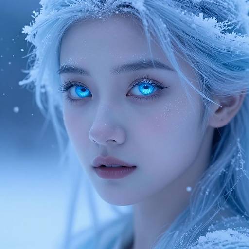 Digital artwork of a fair-skinned, blue-eyed woman with icy white hair, snowflakes on her face, and glowing blue eyes, set against