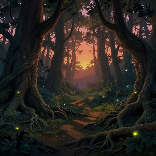 Digital fantasy artwork of a mystical forest at sunset, with glowing fireflies, twisted trees framing a glowing orange-pink sky.