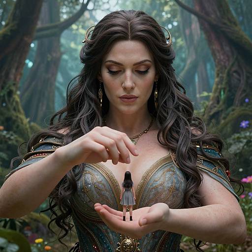 Digital artwork of a beautiful, dark-haired woman with long curls, wearing an ornate, blue, fantasy dress, holding a tiny figure in her palm