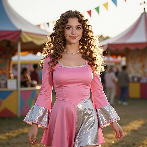 Photograph of a young woman with long curly brown hair, wearing a pink dress with silver flared sleeves, standing in front of colorful carnival booths at