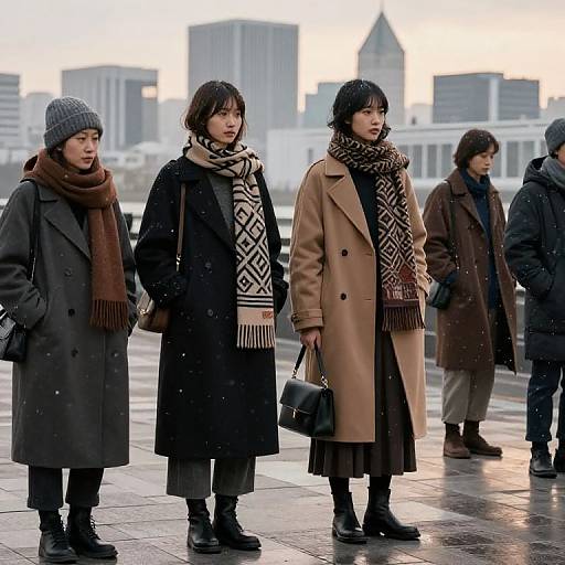 Photograph of four East Asian women in winter coats and scarves, standing on a city plaza with snow, skyscrapers in background, wearing black
