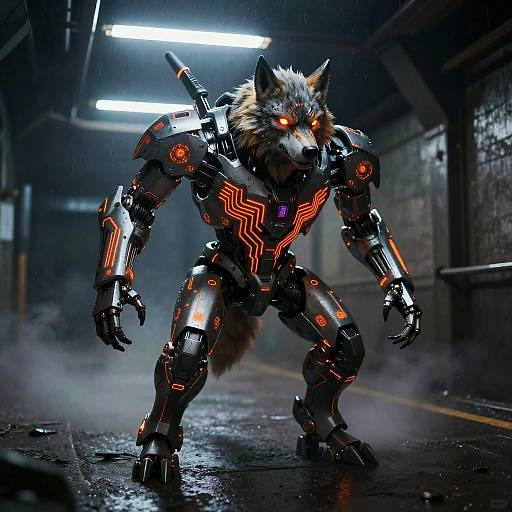 Cyberpunk Mech-Wolf in Neon Subway