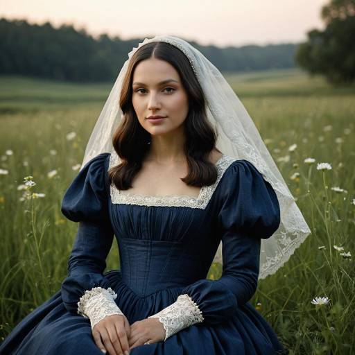 Woman in Vintage Blue Dress with Lace Veil