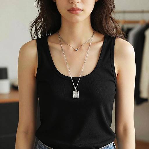 Woman Wearing Black Tank Top with Layered Necklaces
