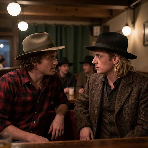 Two Men Talking in Rustic Bar