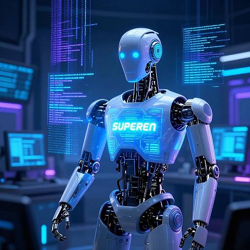 CGI image of a futuristic, white and black robot with glowing blue eyes and 