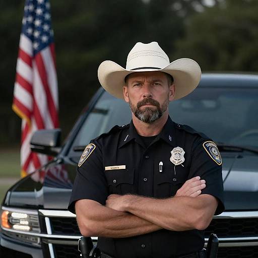 Serious Policeman with American Flag
