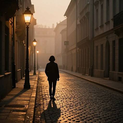 Silhouetted person walking on a cobblestone street at sunset, lit by vintage street lamps, with misty buildings in the background.