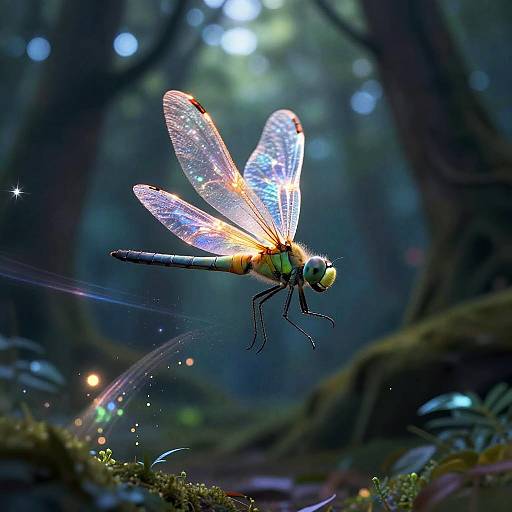 Photograph of a vibrant, iridescent dragonfly with glowing wings, flying through a mystical, dark forest with sparkling light and blurred bokeh background