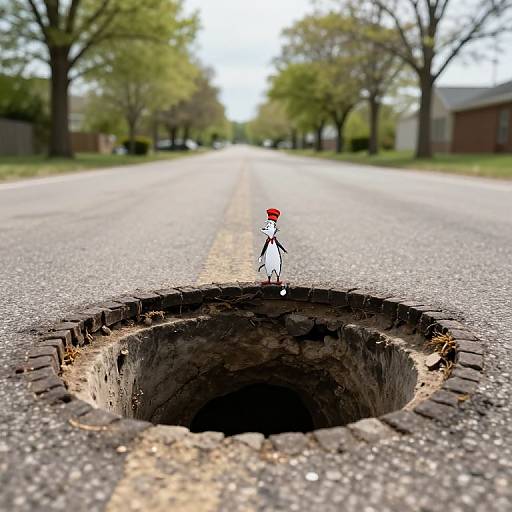 Photograph of a large pothole in a deserted suburban street, with a small, red-capped, white-clad figure standing in the center