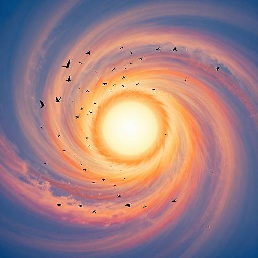 Photograph of a vibrant, swirling sun with orange, pink, and blue clouds, surrounded by a flock of black birds in flight.