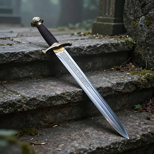 Photograph of an ornate, silver sword with intricate designs and a black hilt, lying on moss-covered stone steps in a foggy, abandoned