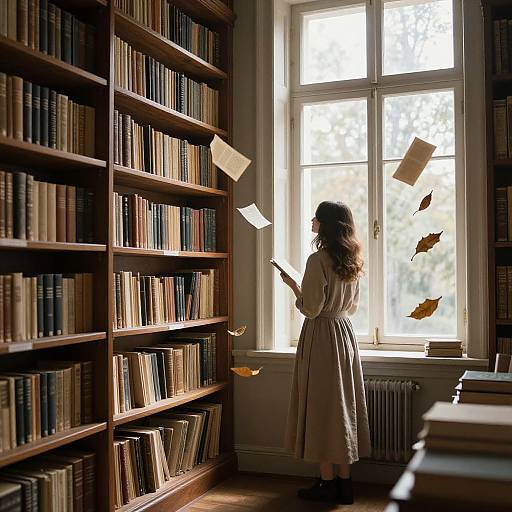 Photograph of a woman in a long beige dress, standing by a sunlit window, books and papers floating in a library.