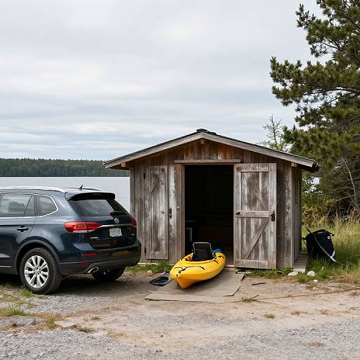 Photograph of a rustic wooden boathouse with open door, black SUV, and yellow kayak on gravel beside a lakeside. Pine trees in background