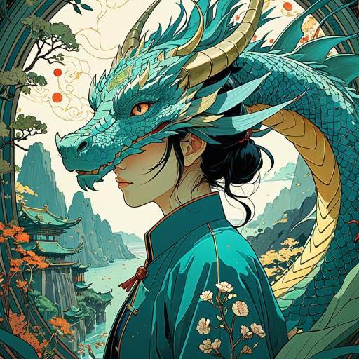 Cyan Dragon and Woman in Chinese Landscape