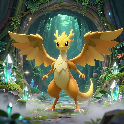 Digital art of a cute, orange, winged, dragon-like creature with yellow crest, standing in a mystical, glowing crystal cave.