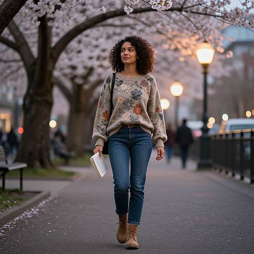 Woman Strolling in Evening City Park