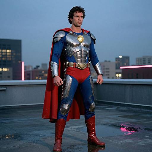 Photograph of a muscular man with curly brown hair in Superman's blue and red costume, silver armor, red boots, and cape, standing on a