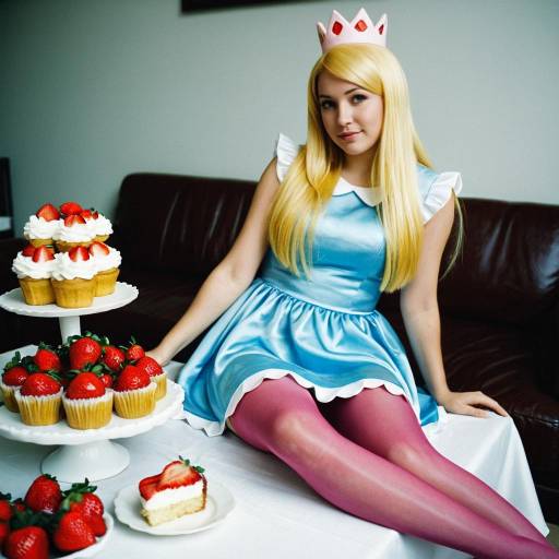 Blonde Woman in Blue Dress with Cupcakes and Cake