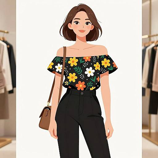 Smiling Woman in Floral Casual Outfit