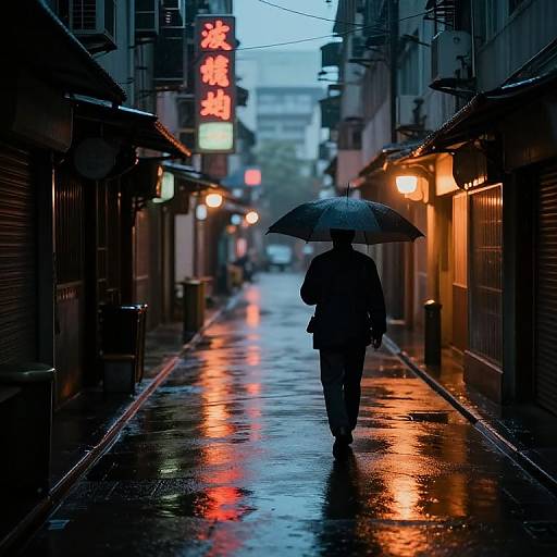 Photograph of a silhouetted person with an umbrella walking down a rain-soaked, illuminated Asian street at dusk, reflecting neon signs.
