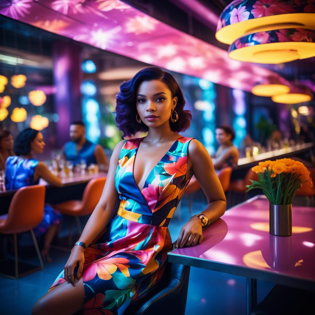 Chic Floral Dress in Futuristic City Scene