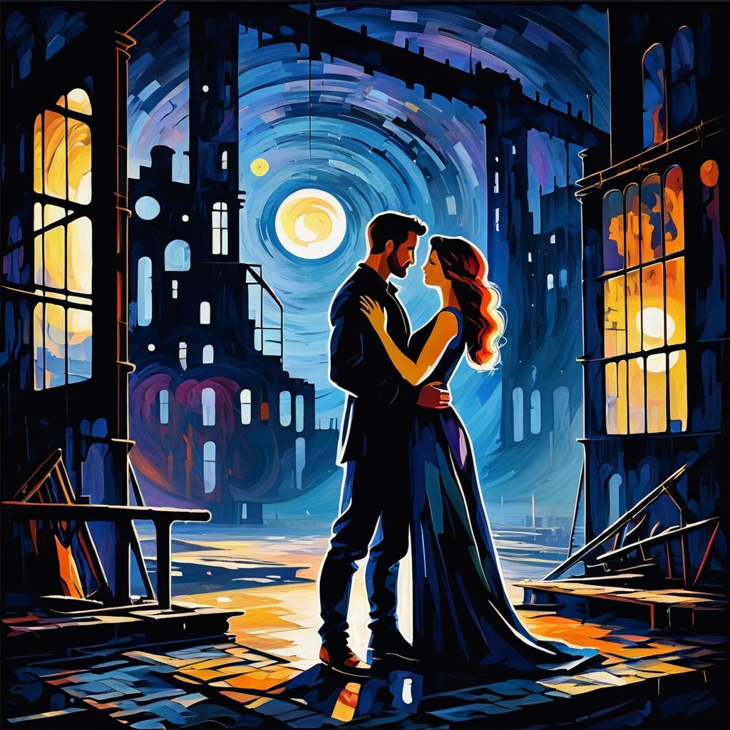 Romantic Embrace in Moonlit Factory