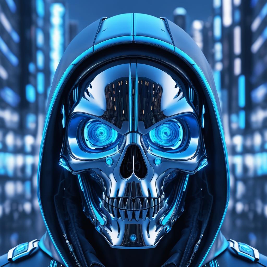 Futuristic Blue-Hooded Robotic Skull Portrait