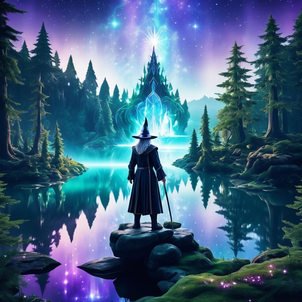 Mystical Wizard Overlooking Enchanted Lake