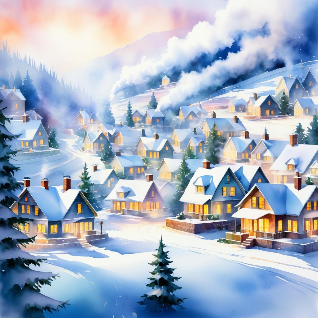 Cozy Snow-Covered Village in Watercolor