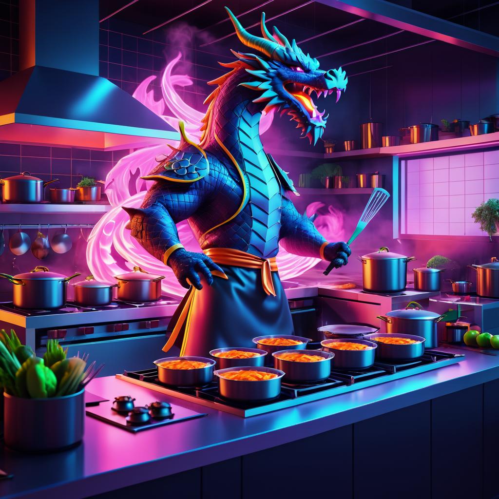 Dynamic Dragon Chef in Neon Kitchen